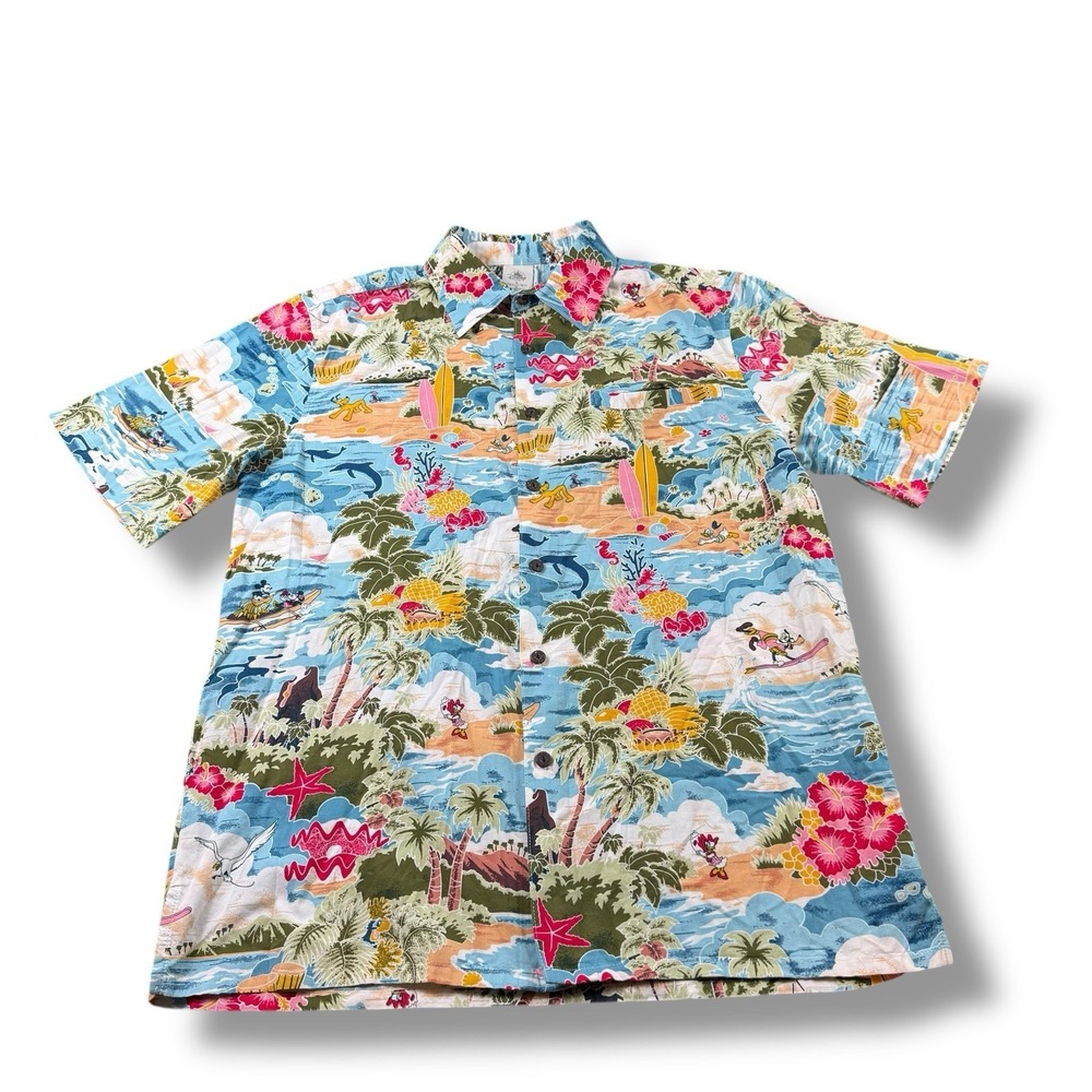 Disney Mickey & Friends Surfing Beach Tropical AOP Hawaiian Shirt Mens M EUC